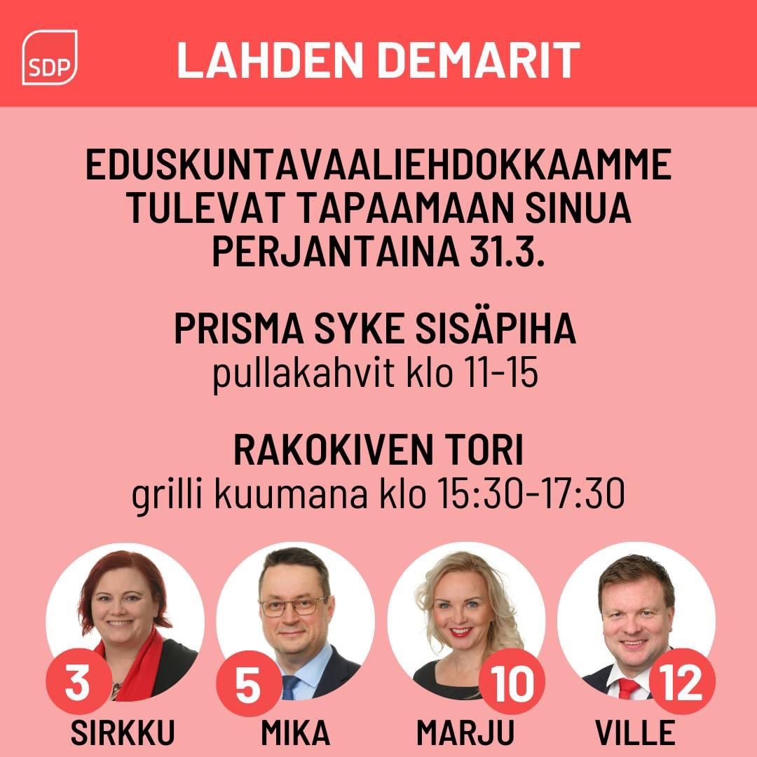 LahdenDemarit's tweet photo. Tervetuloa vaaliteltalle huomenna perjantaina 31.3.:
🚩 Prisma Syke sisäpiha klo 11-15 - pullakahvitarjoilu 
       Paikalla klo 11-12 Antti Rinne.
🚩 Rakokiven tori klo 15:30-17:30 - grilli kuumana
https://t.co/QGz9LeWRar https://t.co/IpAM9lAHrD