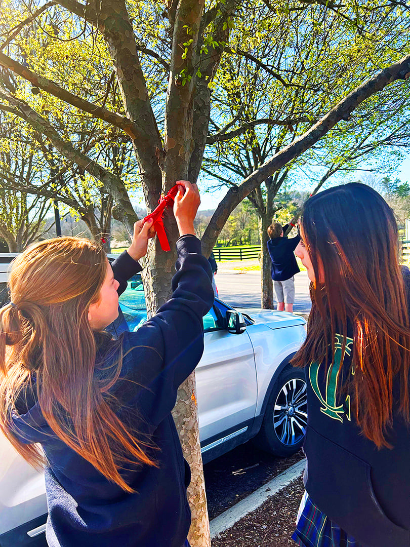 CurreyIngram's tweet image. Today, Currey Ingram, middle school students tied red bows in the trees surrounding our parking lot. This served as a moment of remembrance and a symbol of support for The Covenant School.