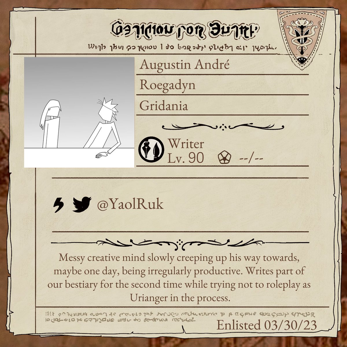 ff14untamedzine's tweet photo. 📜Creator Spotlight📜

Introducing writer, Augustin André!

Messy creative mind slowly creeping up his way towards, maybe one day, being irregularly productive. Writes part of our bestiary for the second time while trying not to roleplay as Urianger in the process.

🐥 @YaolRuk https://t.co/wJHrlyKIYY