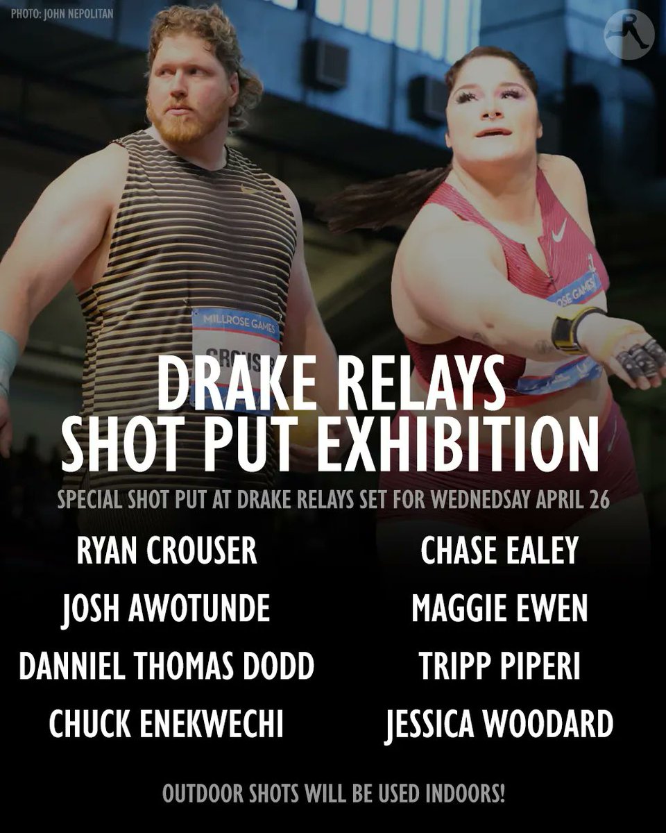 beau_throws's tweet photo. 🚨Drake Relays Shot Put Update 

Athletes &amp; New Format👇

"The competition will divide the field into four mixed teams of two, and the best throw from each male and female competitor on each team will be added to crown a champion."

📸@runnerspace https://t.co/K0QDmnBooM