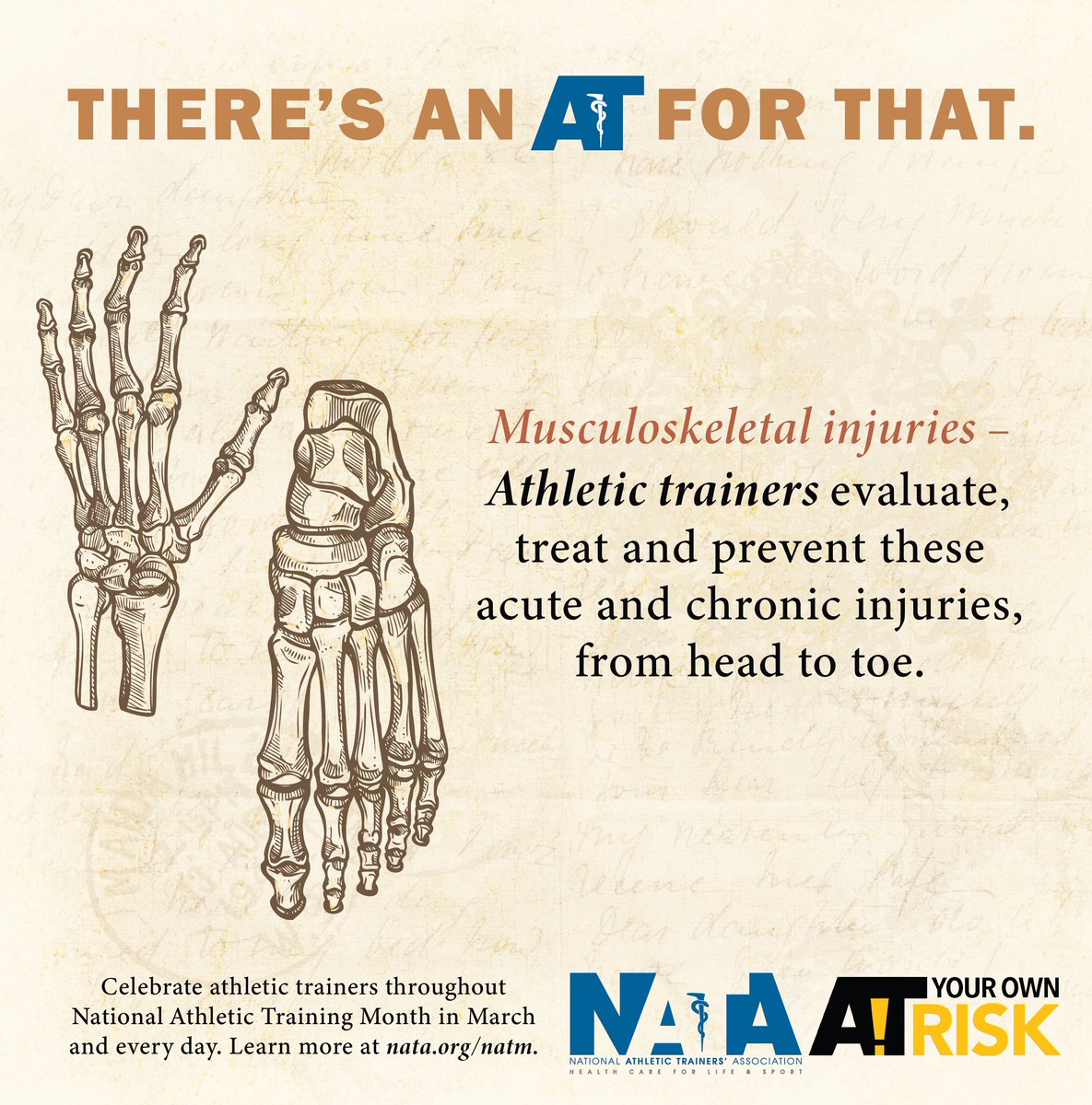 aSaferApproach's tweet photo. There's an AT for.... musculoskeletal injuries. Athletic trainers evaluate, treat and prevent these acute and chronic injuries, from head to toe. Athletic trainers provide #ASaferApproach to work, life and sport. #NATM2023 #TheresAnATForThat #AT4Me #AT4All https://t.co/tLbM58RewH