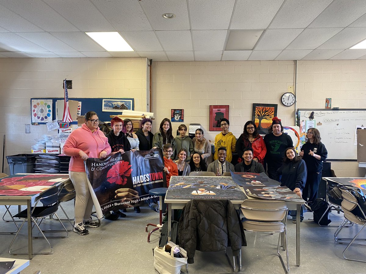 BurncoatTheater's tweet photo. Wow! What an incredible day! Two cast members of the national tour of Hadestown came to school and taught a mini workshop, led a Q and A and, saw our visual artists work. Thank you to Hadestown and The Hanover Theatre. #wpslearns @worcesterpublic @hadestown @HanoverTheatre https://t.co/8XPS7IJRxg