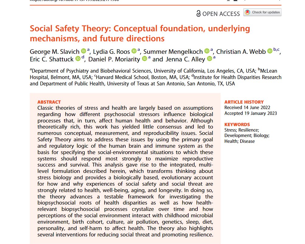 Really excited to see this BEAST of a paper live &amp; open access.

It's a friggin' tome, covering a ton of ground on Social Safety Theory that will hopefully be a reference point for people across fields who care about social safety, threat, and health. 1/2

tandfonline.com/doi/full/10.10…