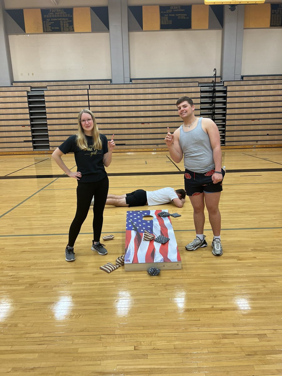 Ash and Holden win the G4 Corn hole championship…Holden is the background crying because he is sad he lost 😆 #RecSports