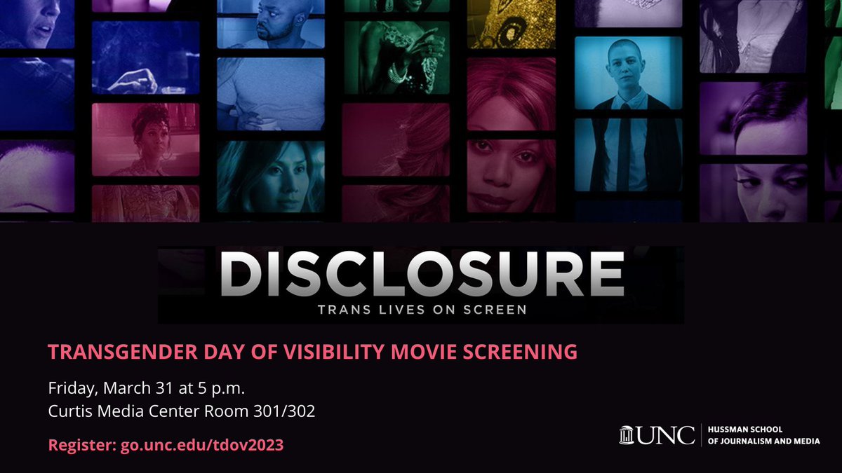 Please join us tomorrow as we observe Transgender Day of Visibility with a special screening of 'Disclosure' in partnership with @uncchlgbtq and @sllunc. 🗓 March 31 at 5 pm 📍 UNC Curtis Media Center Room 301/302 🍕 Pizza, snacks and drinks 🎟 Register: go.unc.edu/tdov2023