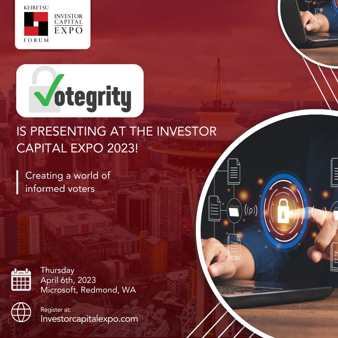 k4northwest's tweet photo. .@votegrity is a tech-enabled election partner that delivers highest standards in data encryption for accurate, timely, trusted elections. Watch them present live at the #InvestorCapitalExpo2023. Register now! 
In-person - https://t.co/pmPVj3X6LD
Virtual - https://t.co/TzRo5ukQDR https://t.co/RkMXisijHh
