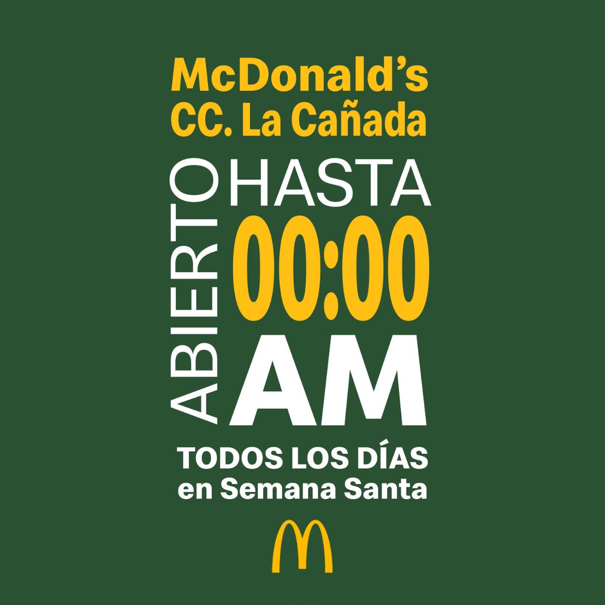 mcdmarbella's tweet photo. Si, has leído bien 👀
Todos los días de esta Semana Santa tienes McAuto abierto hasta las 7:00 🌙
Y además, McDonald's La Cañada hasta las 00:00
📅 Desde el viernes 31 hasta el sábado 8 📅
#McDMarbella #McDonalds #Marbella #McAuto #SemanaSanta https://t.co/1NdkKYqFub