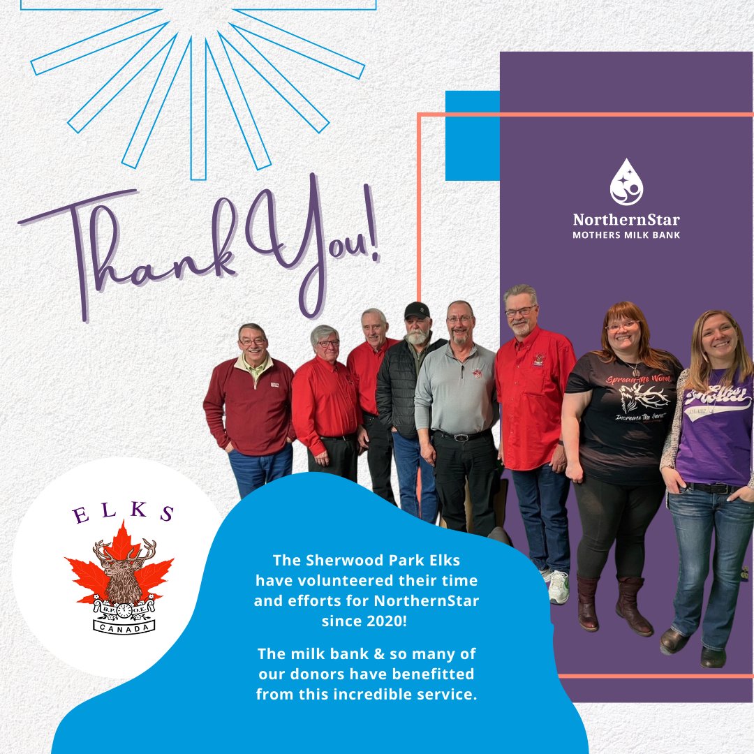 NorthernStarMB's tweet photo. The Sherwood Park Elks arrange pickups, spend time driving, &amp; pick up milk from donors in Alberta's Edmonton &amp; Sherwood Park areas to be delivered to our Milk Drop at Grey Nuns Hospital. This valued service is so appreciated by NorthernStar &amp; our milk donors. Thank you, Elks!💜 https://t.co/Fa2oJr9UtY
