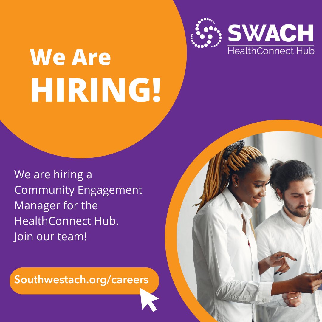 SWACH_ORG's tweet image. We're hiring! We are currently accepting applications for the  HealthConnect Community Engagement Manager position. Learn more at swach.link/careers.