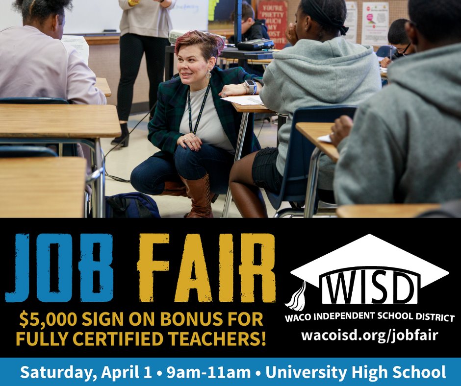 WacoISD's tweet photo. Waco ISD is hosting a job fair for all positions on Sat., April 1 at @TrojansUHS at 9:00 a.m. On-the-spot interviews with job offers to those exceptional candidates with completed applications on file. Learn more: https://t.co/G6WVXdJw3S and pre-register: https://t.co/rd8fUhUHx7 https://t.co/ACwdOE9zAg
