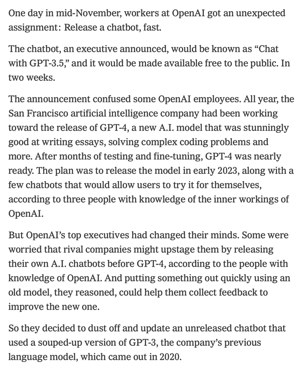 I find it so fascinating how fine the line is between the world being changed or not.

Were it not for one person at <a href="/OpenAI/">OpenAI</a> waking up super paranoid that they absolutely had to build ChatGPT, it's likely we wouldn't be going through LLM mania today, and that hundreds of