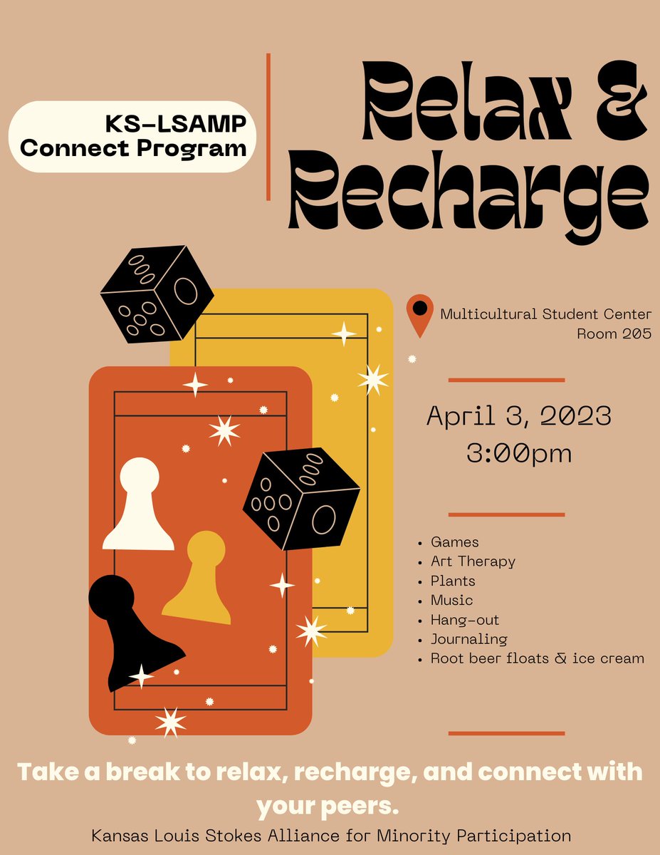 Next week KS-LSAMP CONNECT Program will host its final event for the spring semester! please join us on April 3rd at 3:00 pm to relax, recharge, and connect with your peers. We’ll have games and crafts for students to work on. #KSLSAMP