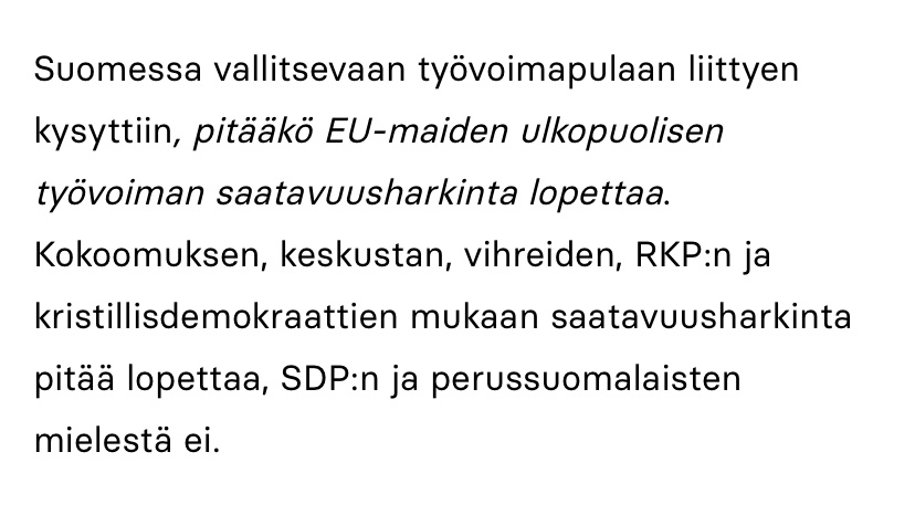 Suomea vaivaa osaajapula, joka haittaa yritysten kasvua, investointeja ja kilpailukykyä.
Tuore #Yrittäjägallup kertoo, että 39% yrityksistä vaikeuksia löytää työvoimaa. Väh. 5 henkilöä työllistävillä luku jopa 68%.
Silti SDP ja PS ei valmiutta edistää työperäistä maahanmuuttoa.🙄