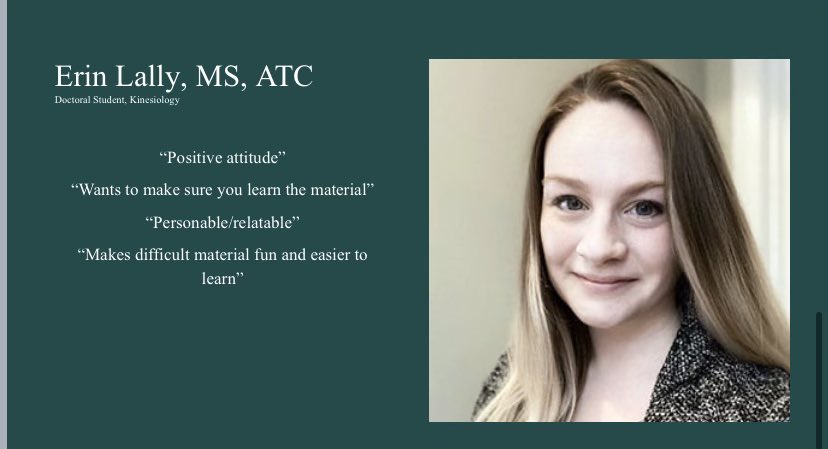 Shout out to <a href="/ErinLally7/">Erin Lally, PhD, LAT, ATC</a> who was recognized by the UWM OT students as one of the best college professors they have ever had! Erin is an excellent educator who will be starting her career at Texas State in the fall. Congrats, Erin!!
