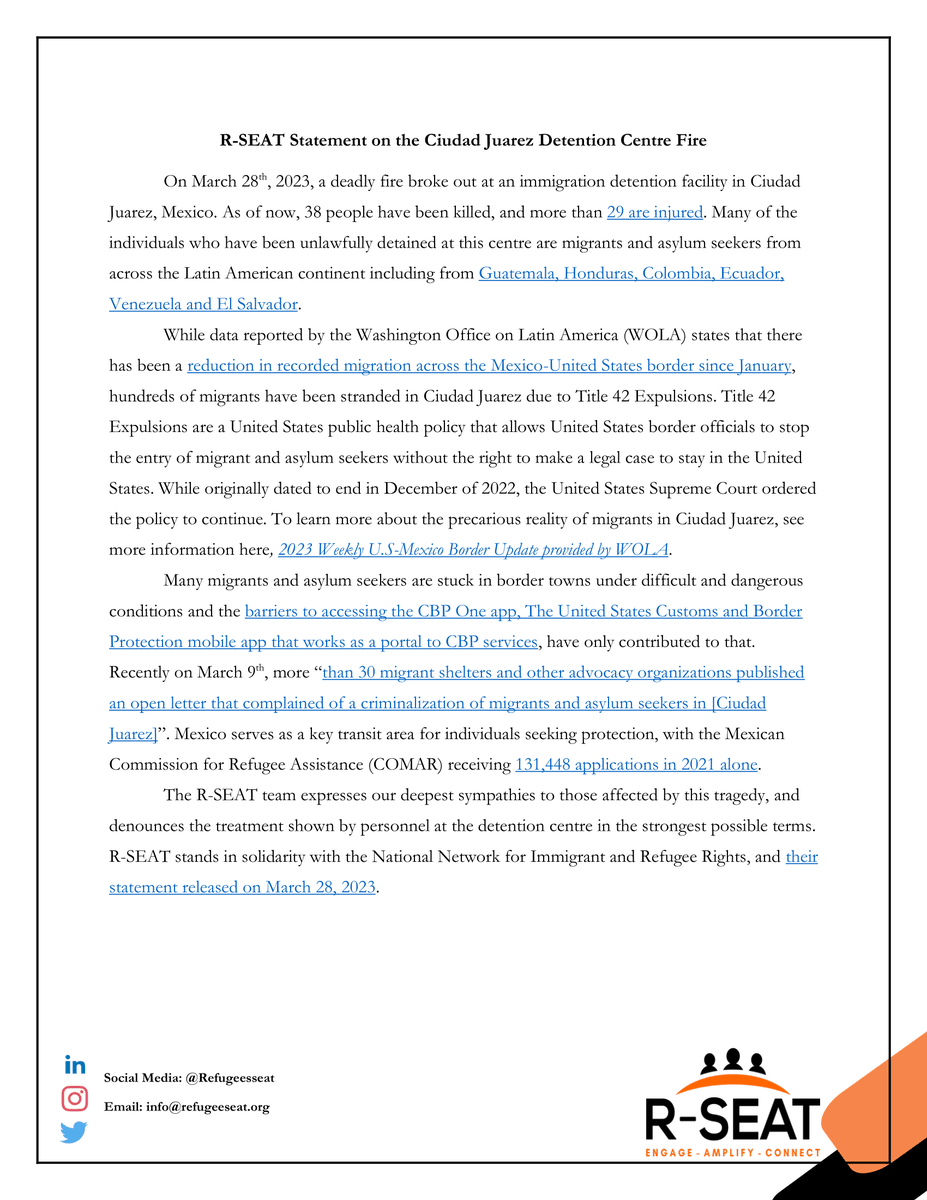 R-SEAT's Official Statement on the Ciudad Juarez Detention Centre Fire