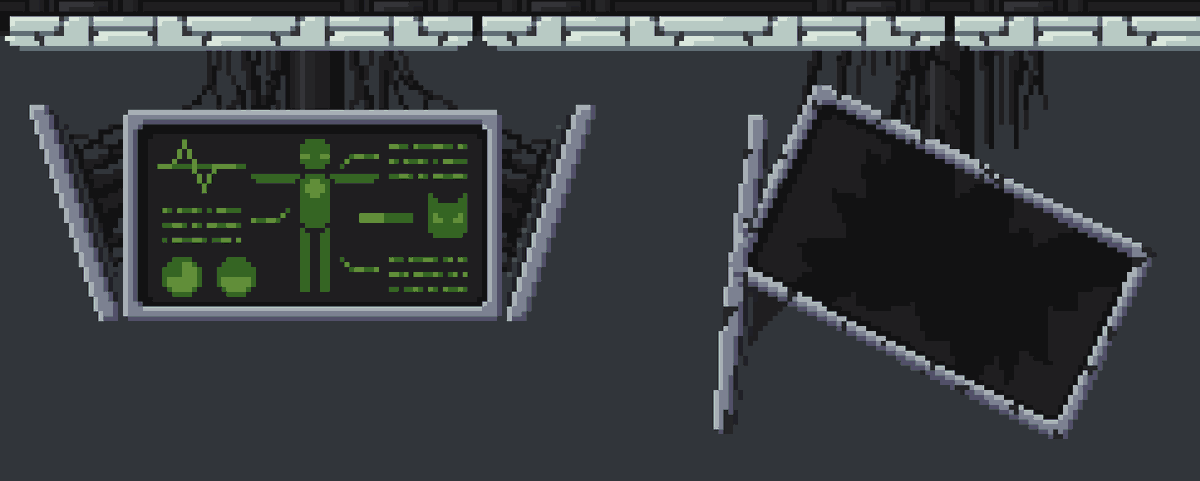 Finished the big screen and also did some hanging screens as well 😄
#pixelart #WIP #gamedev #scifi 