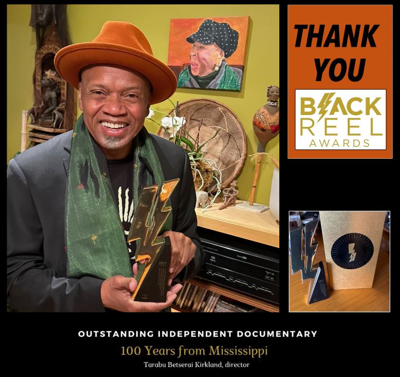 100Mississippi's tweet photo. Thank you to @BlackReelAwards— this beautiful Bolt statuette arrived to writer/director @Budawg  #TarabuBetseraiKirkland for the honor of Outstanding Independent Documentary for #100YearsFromMississippi. Mamie would be proud.
#blackreelawards #reelzlove #bolts22 #gratitude https://t.co/eO1TVL5otA