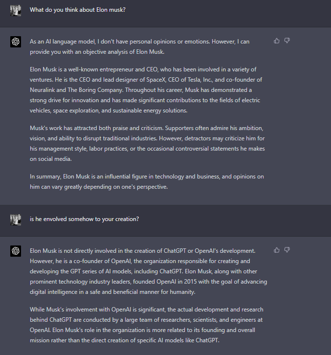 Can someone inform <a href="/elonmusk/">Elon Musk</a> about this? I am sure he will appreciate it... 😂 <a href="/scottmelker/">The Wolf Of All Streets</a> <a href="/Jason/">@jason</a> #chatgpt #elonmusk #GPT4 #ELONMUSK #OpenAI #OpenAIChatGPT