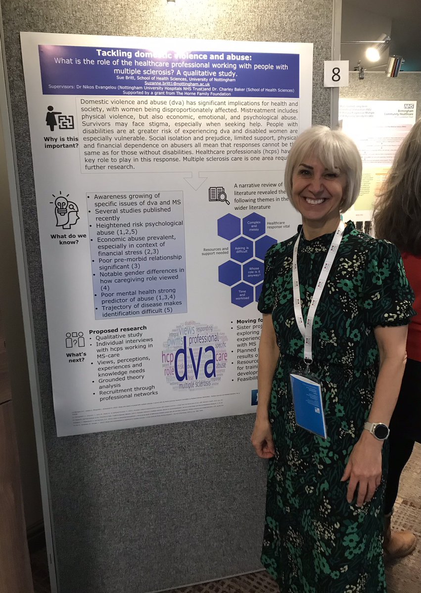 RachelHorne19's tweet photo. Time to break the silence... 
Here's PhD student @Suzannebritt60 with her brilliant poster "Tackling domestic violence &amp; abuse. What is the role of the HCP working with ppl with MS?" at the @MSTrust 2023 conference.
Supervisors: @nikosevangelou3 &amp; @CharleyBaker1
@UniofNottingham https://t.co/ltyWbwV4n1