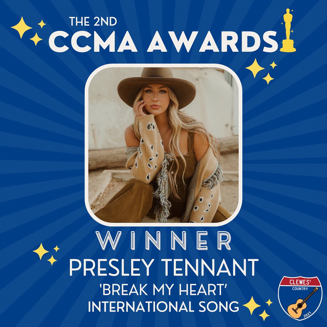 🚨 𝗖𝗖𝗠𝗔’𝘀 🚨

It’s time for the award for International Song and this winner has taken not only our show by storm, but the Country world in the 🇺🇸!

Your winner is…🎉

@presleytennant with #BreakMyHeart ❤️

Congratulations! 🏆