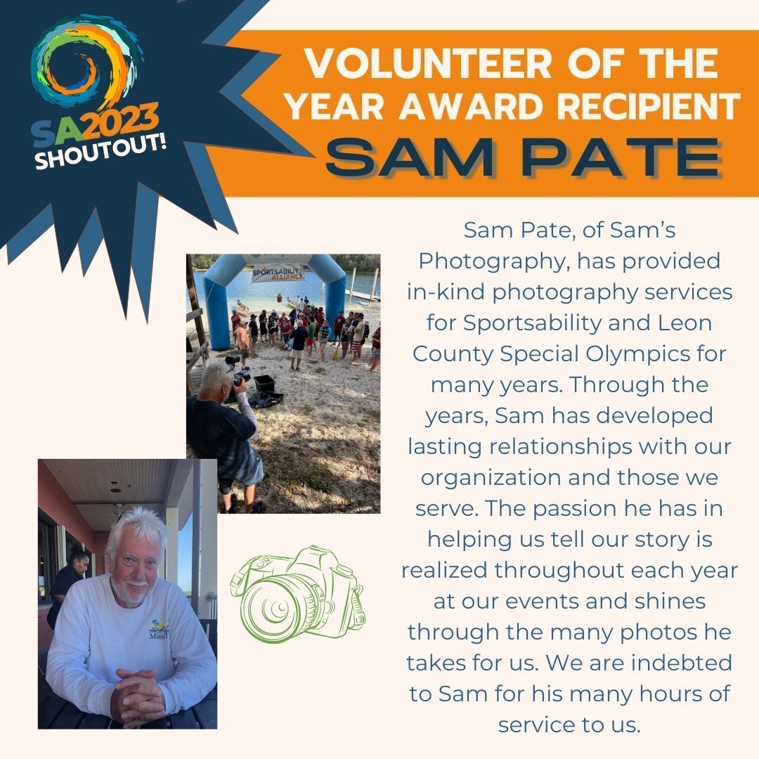 🗣️ 𝗘𝗫𝗣𝗢 𝗦𝗛𝗢𝗨𝗧𝗢𝗨𝗧! Today, we recognize and thank Sam Pate, the recipient of the SportsAbility Volunteer of the Year Award! Samcan be found at most, if not all of our events, camera in hand and a smile from ear to ear. Thank you Sam for all you do!❤️
