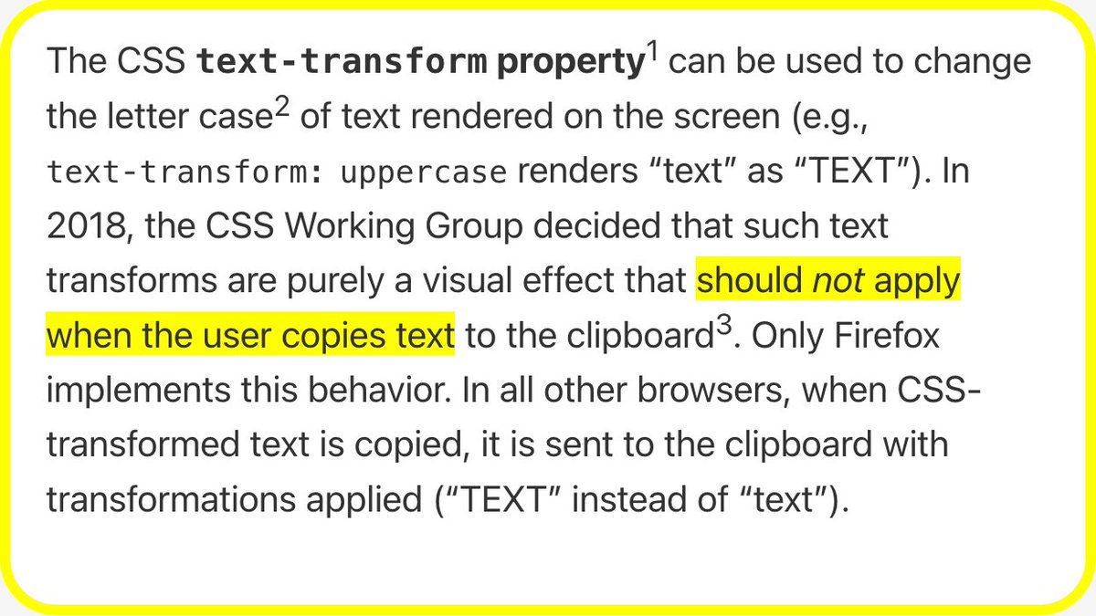 WebPlatformNews's tweet image. Browsers should not apply CSS text-transform when text is copied webplatform.news/#1680203714000