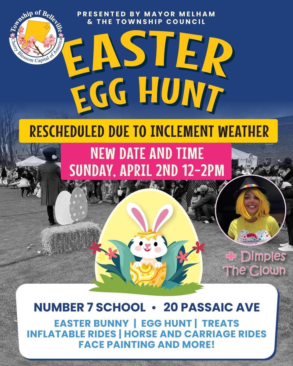 Saturday's Easter Egg Hunt has been postponed due to inclement weather.

Everyone is invited to an Easter Egg Hunt Presented by Mayor Michael Melham and The Township Council on (new date and time) Sunday, April 2nd at School Number 7, from 12pm-2pm.  Sensory Friendly at 11am.
