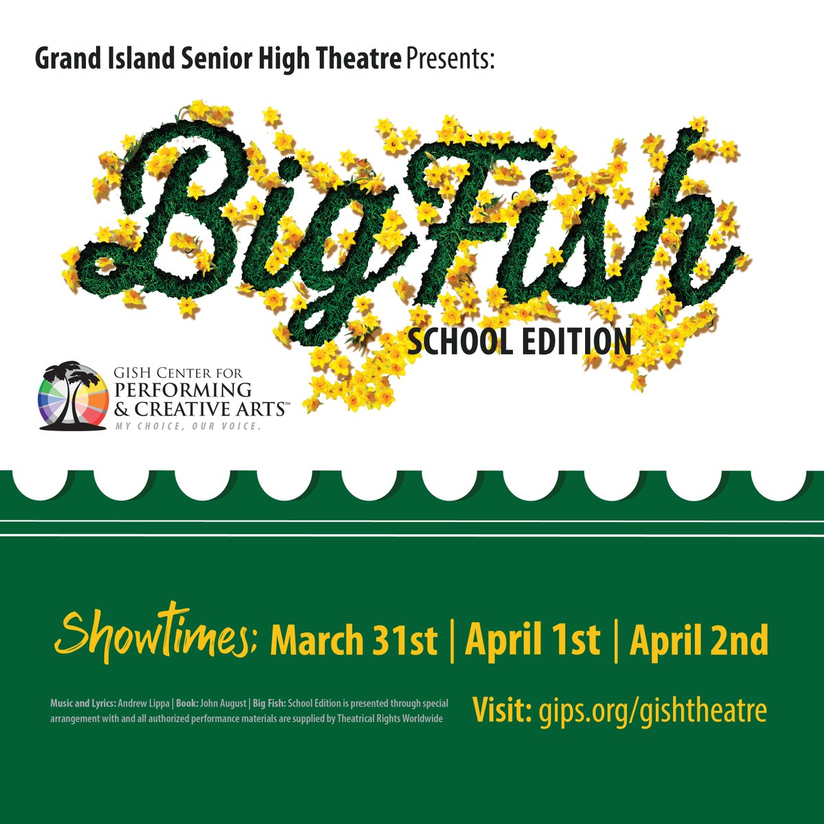 GIPublicSchools's tweet photo. Big Fish opens TOMORROW, 3/31! 🐟️🌼

You won't want to miss this musical, based on Daniel Wallace's novel "Big Fish: A Novel of Mythic Proportions" and the 2003 film "Big Fish" directed by Tim Burton.

🎟️Reserve tickets online: https://t.co/rDZPGIcs7O https://t.co/uLPrD7Hr6f