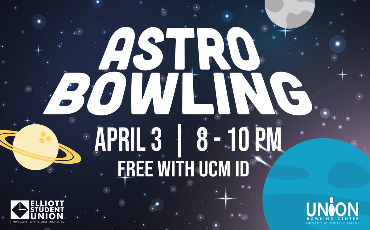 Astro Bowling is happening Monday, April 3, from 8-10 PM! ☄️
We'll have glow sticks, pizza and bowling FREE with a UCM ID! 🍕