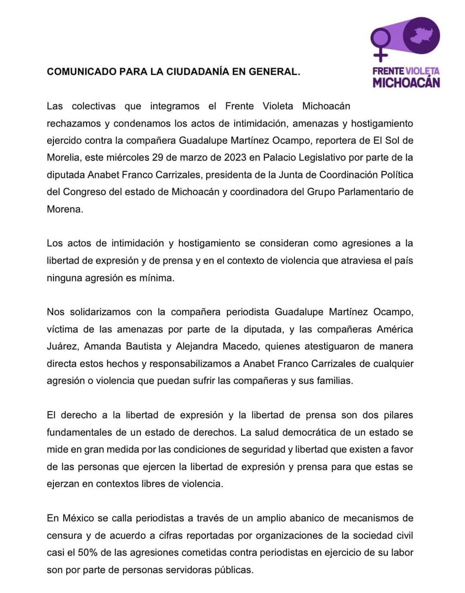 Incendiarias_'s tweet photo. Condenamos los actos de intimidación hacia la periodista Guadalupe Martínez Ocampo, por parte de la diputada Anabet Franco Carrizales.

Exigimos al @CongresoMich y al @GobMichoacan garantizar el libre ejercicio periodístico y de libertad de expresión.  
 #MujeresPeriodistas https://t.co/xj1SFbR7fj