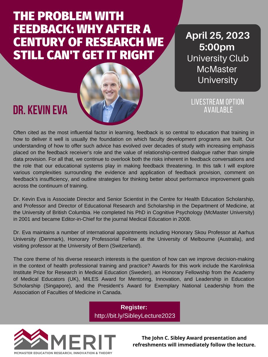MERIT_McMaster's tweet photo. We're excited to welcome (back) Dr. Kevin Eva to @McMasterU! Join us, in person, on April 25 to hear him give the annual Sibley Lecture. The event will conclude with a special presentation to this year's Sibley Award recipient! Register here: https://t.co/lO7Ct2vBpl https://t.co/J4iFpOdCqQ