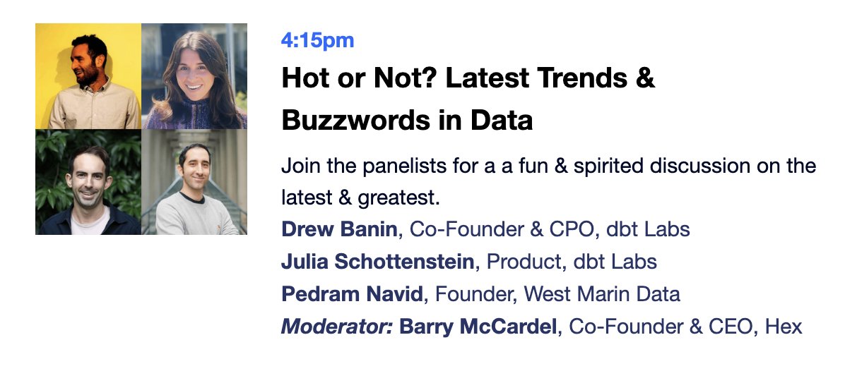 AICouncilConf's tweet photo. Wrapping up #DataCouncil23 we invite you to join us for final keynote panel; fun &amp; spirited discussion on the latest &amp; greatest.

@drewbanin Co-Founder &amp; CPO, dbt Labs @getdbt 
@j_schottenstein Product, dbt
@pdrmnvd Founder, West Marin Data
@barrald Co-Founder &amp; CEO, @_hex_tech https://t.co/DPTcE3CBdd