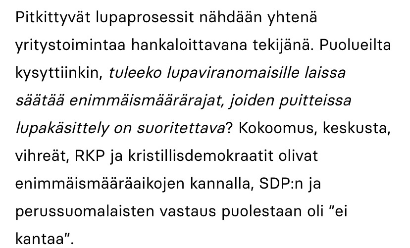 Pitkittyvät lupaprosessit yksi yritystoimintaa hankaloittava tekijänä.
#Yrittäjät kysyi puolueilta, tuleeko laissa säätää enimmäismäärärajat, joiden puitteissa lupakäsittely on suoritettava:
✅ <a href="/kokoomus/">Kokoomus</a>  <a href="/keskusta/">Suomen Keskusta</a> , <a href="/vihreat/">Vihreät - De Gröna</a> , <a href="/sfprkp/">SFP • RKP</a>  ja <a href="/KDpuolue/">Kristillisdemokraatit | KD</a> 
❓🤷‍♀️ <a href="/Demarit/">Sosialidemokraatit</a> ja <a href="/persut/">Perussuomalaiset</a>