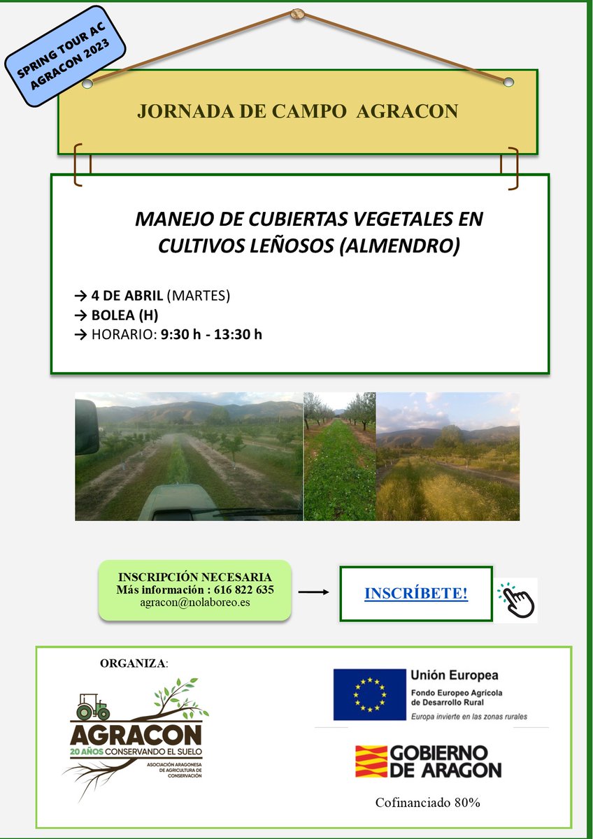 AGRACONolaboreo's tweet photo. 📆El proximo 4 de abril se realizará la unica jornada de campo de la #SpringTourAC de @AGRACONolaboreo sobre Cubiertas Vegetales en leñosos (almendro).🌳
🪱🍀Si te interesa formarte sobre como gestionar las cubiertas, os esperamos en #Bolea (H)
📲
https://t.co/vLgaM6nzhM https://t.co/Epy5sxa5fT