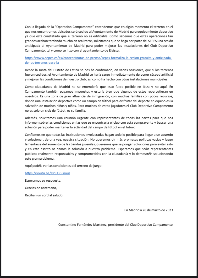 Informamos a nuestros socios, jugadores, cuerpo técnico y padres que hemos presentado por registro el siguiente escrito:
Esperemos que nuestros representantes y gestores políticos estén a la altura <a href="/AlmeidaPP_/">José Luis Martínez-Almeida</a> <a href="/Sepes/">Seppo Savolainen</a> <a href="/raquelsjimenez/">Raquel Sánchez</a> <a href="/MarotoReyes/">Reyes Maroto</a> <a href="/mitmagob/">Pol</a>