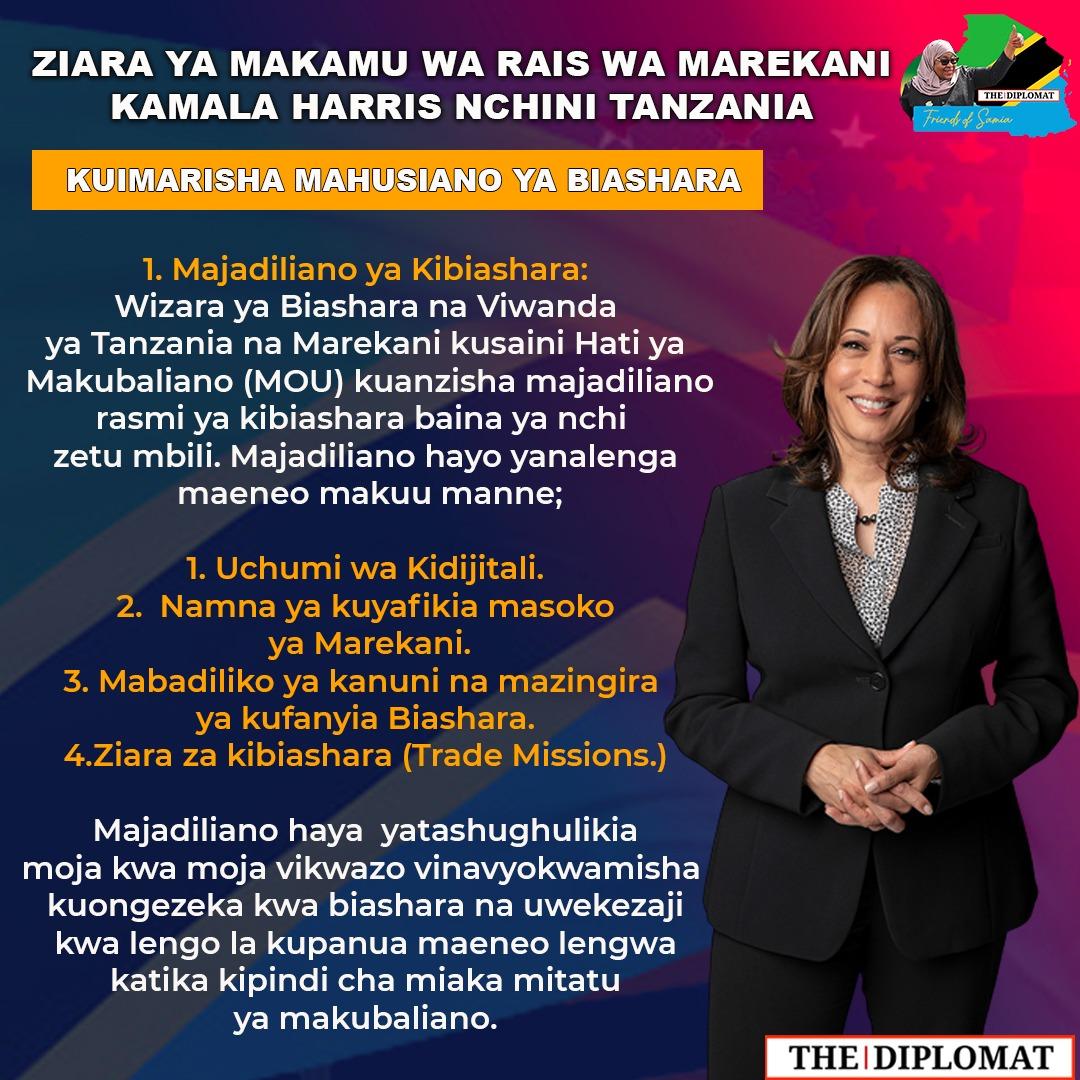 _TheDiplomat's tweet photo. 📌KUIMARISHA MAUSIANO YA BIASHARA 

Majadiliano ya kibiasha yanayolenga
1. Uchumi wa kidijitali
2.Namna ya kuyafikia Masoko ya Marekani.
3.Mabadilikoya Kanuni na mazingira ya kufanyia Biashara.
4.Ziara za kibiashara (Trade Missions)
@KamalaHarris 
@SuluhuSamia https://t.co/OMGN5h7zg6