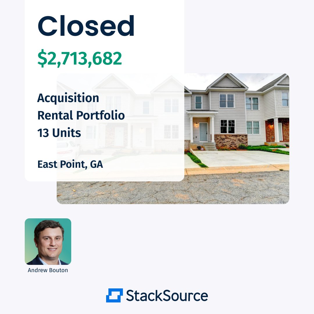 StackSource's tweet image. CLOSED! 🎉

$2.7 Million financing for the acquisition of a rental portfolio located in East Point, GA. 

Associate Director Andrew Bouton arranged the deal with an 80% LTC &amp;amp; 24 month term.

Check out the details here: hubs.la/Q01JKrkQ0

#StackSource #CRE #Atlanta #Closed