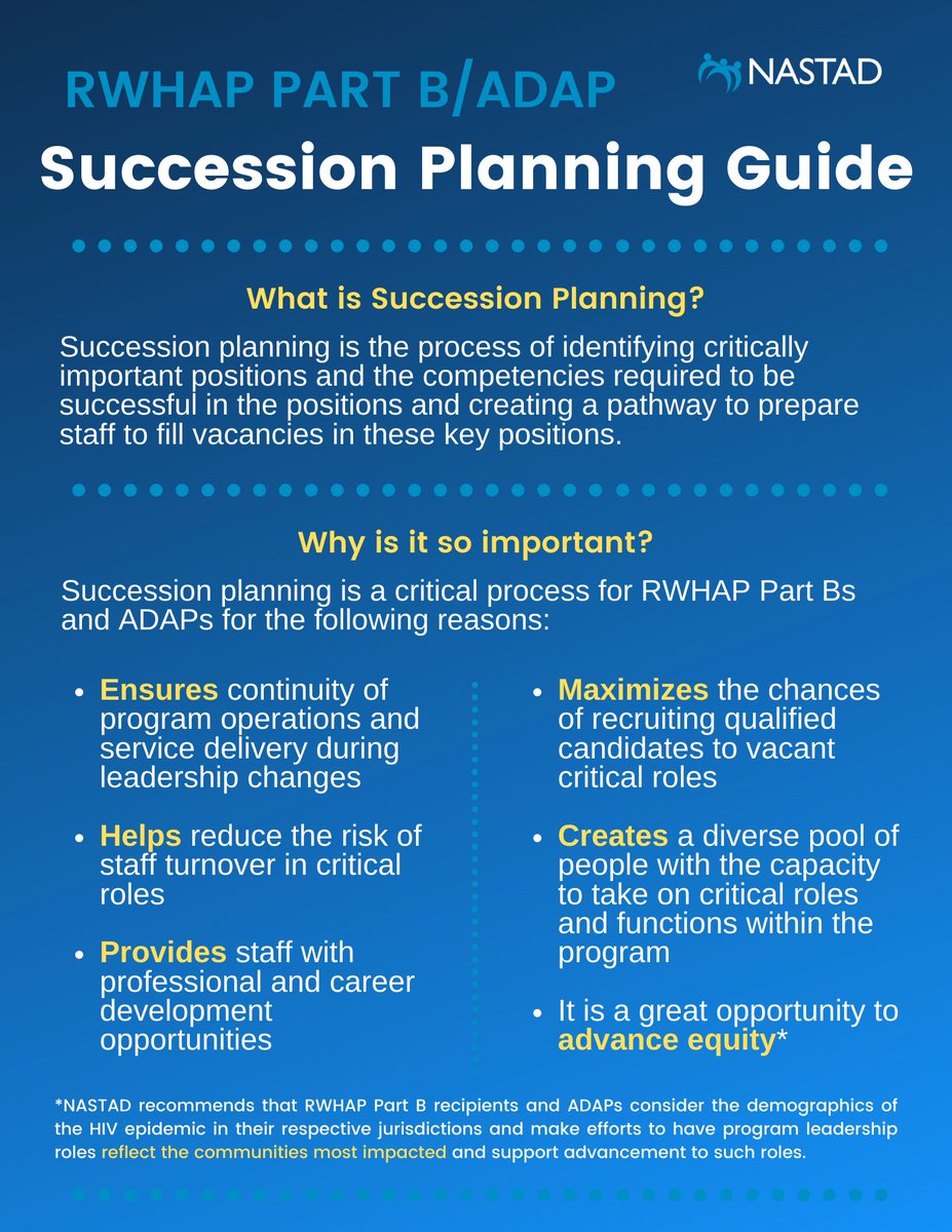 NASTAD's tweet photo. #ATTN Ryan White HIV/AIDS Program (#RWHAP) Part B recipients and #ADAPs: Does your program have a #SuccessionPlan for periods of transition due to staff turnover or department reorganizations?

NASTAD has developed a #toolkit to help ensure continuity! 👉 https://t.co/1Cbt7sctLr https://t.co/ztTwmtF0d0