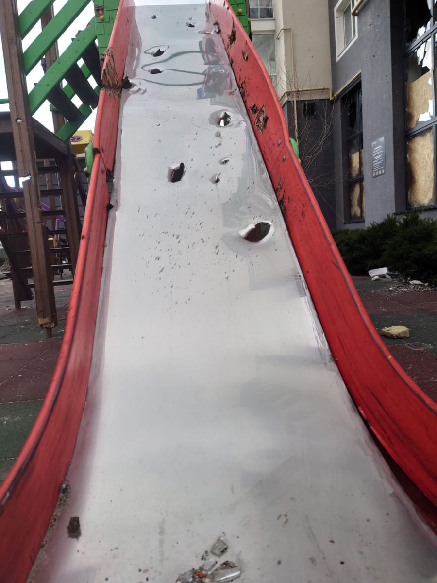 GeorgeArtwell's tweet photo. Here are some images of the destructed CHILDREN PLAYGROUND as it was left by the Russians with bullet holes in slide &amp; burnt buildings &amp; of the place where the project wants to rebuild the games. I humbly propose to consider supporting this noble endeavour https://t.co/jncPUxV8aI https://t.co/FgSI1RiOJQ