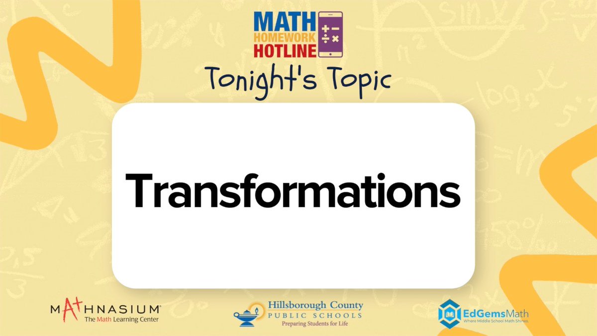 Math Homework Hotline is on tonight at 6 PM! You can call in at (813) 840-7260 for help on math assignments & try to solve the Challenge Problem. Watch on Spectrum 635 & Frontier 32 or hillsboroughschools.org/mhh. Thank you to our sponsors, @EdGems_Math & @Mathnasium.