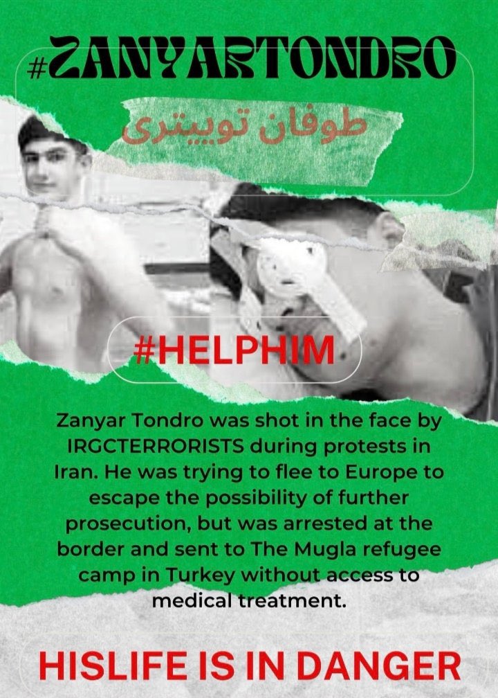 alireigns1011's tweet image. #ZanyarTondro was shot in the face by #IRGCTERRORISTS during protests in Iran He was trying to flee to Europe to escape the possibility of further prosecution but was arrested at the border and sent to theMugla refugee camp in Turkey without access to medical treatment #HelpHim