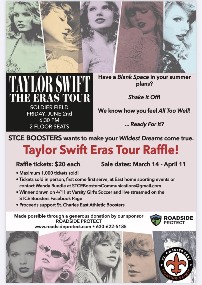 These are the lowest priced Taylor Swift tickets available for Chicago right now, but STCE Athletic Boosters are selling a chance to win floor seats for just $20! Watch this space for the next sale dates/times or email stceboosterscommunications[at]
gmail[dot]com 
for more info!