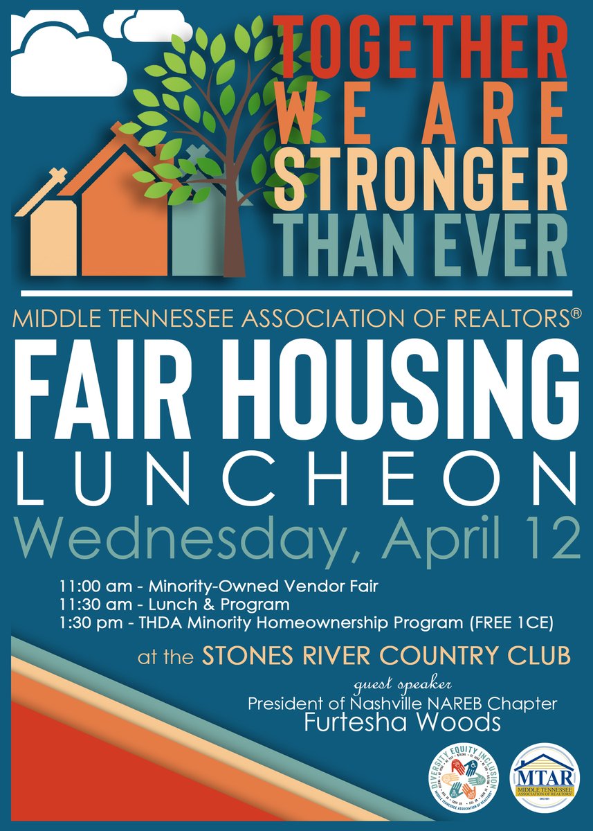 MidTNRealtors's tweet photo. MTAR's Annual Fair Housing Luncheon will be held on Wednesday, April 12th! Along with minority-owned vendors showcasing their businesses, we will also host a FREE 1CE THDA Minority Homeownership class at the end of the luncheon!
RSVP is required: link in bio! https://t.co/etWeygxnyk