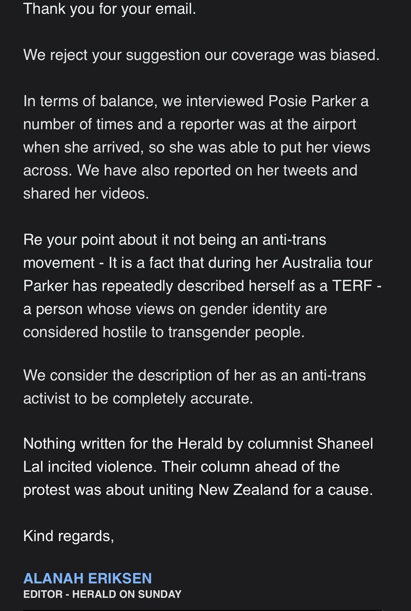 My complaint rejected by the woke @nzherald about @shaneellall and their biased views about @ThePosieParker #LetWomenSpeakAuckland