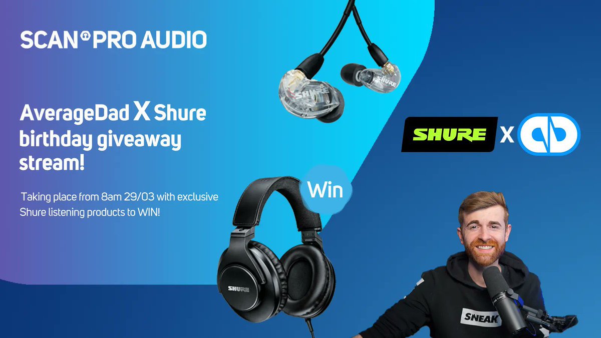 AverageDadLive's tweet photo. Last chance saloon - we’ve teamed up with @shure and @ScanProAudio to giveaway 7 headsets and tell you everything about audio and microphones!! 

Exclusive discounts and chance to win a headset, enter here: https://t.co/pNjRP07Vty https://t.co/mjBEjDXrue
