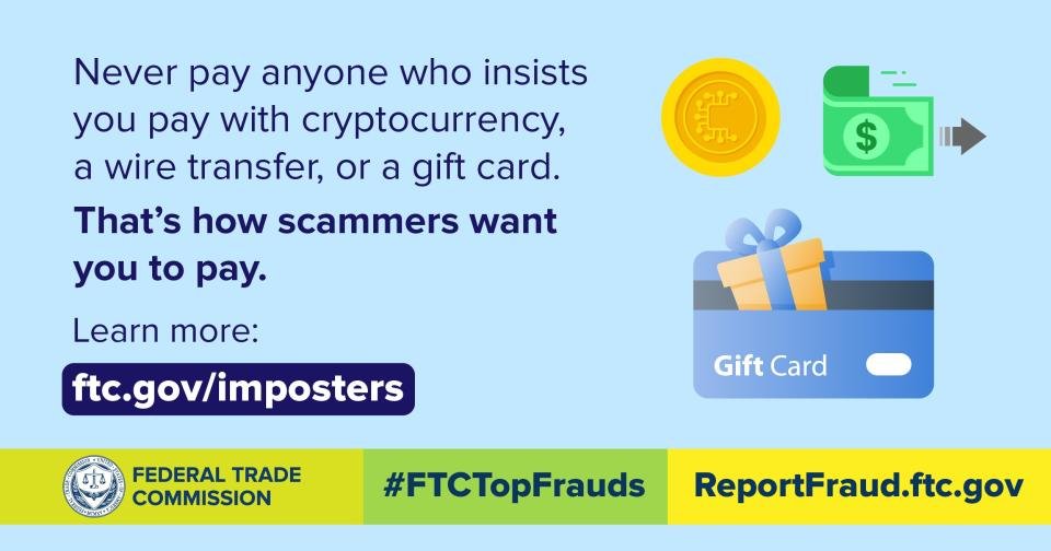 BHIPolice's tweet image. DON'T BE A VICTIM OF AN IRS SCAM
The “IRS” is on the phone saying you owe back taxes &amp;amp; must pay immediately using cryptocurrency or you’ll be arrested. You reach for your wallet but then think - is this really the IRS? Nope - they don't do that. @FTC #ftctopfrauds