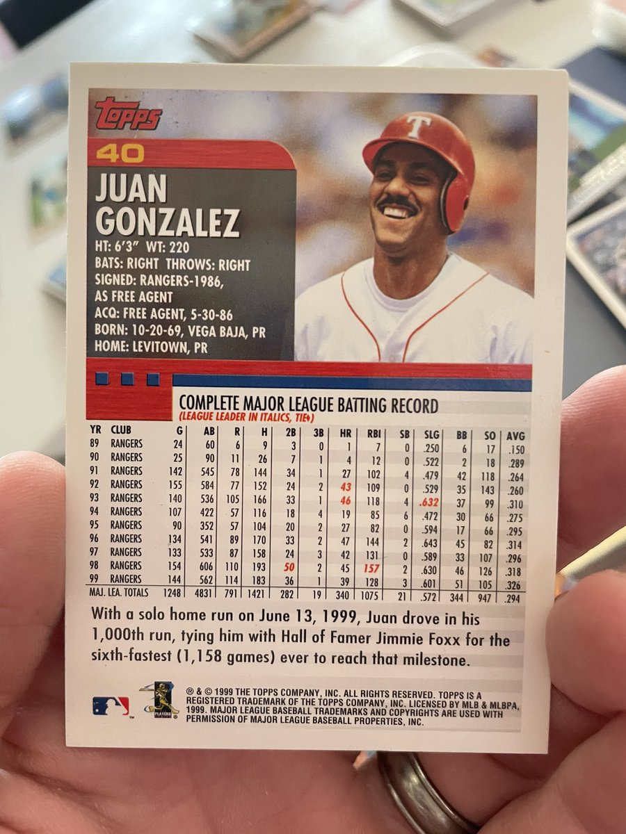 TXBaseballCards's tweet photo. Hitting cleanup in the TXBASEBALLCARDS #openingday starting lineup Juaaaaaaan Gonzalez! #StraightUpTX  #texasrangers #rangers #baseball https://t.co/mrkDzQFCt0