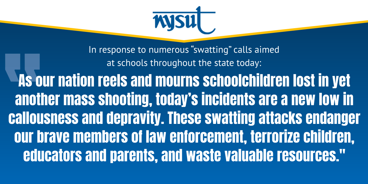 Amid numerous “#swatting” calls aimed at schools throughout the state today, including a similar round of hoaxes in suburban Rochester last week, NYSUT has released a statement: nysut.org/news/2023/marc…