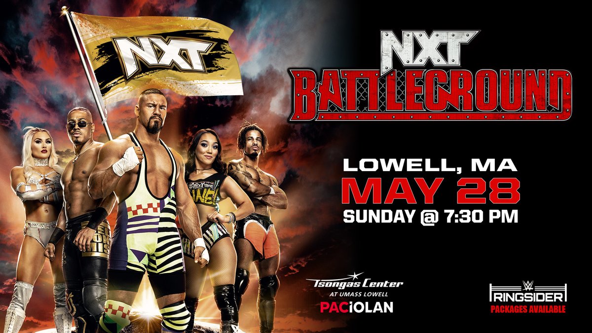 TsongasCenter's tweet photo. ⚠️SHOW ANNOUNCEMENT⚠️WWE NXT Battleground is coming to Lowell on May 28th at 7:30 PM! Use pre-sale code WWENXT tomorrow, March 31st, from 10AM-11:59PM to get tickets early. Tickets go on sale to the general public on April 1st at 10 AM. You won't want to miss it! https://t.co/A6oWj1YF6K