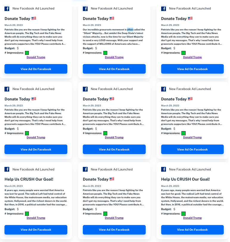PunditAnalytics's tweet photo. After recently returning to Facebook, Donald Trump's campaign just began to restart its fundraising on the platform. Trump's team has launched dozens of new ads in the past three days. 

https://t.co/eibf6DvuJB https://t.co/icXFrmR99Z